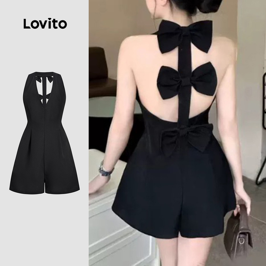 Lovito Macacão Elegante com Laço e Pregas Primavera/verão Macacão Preto para mulheres L158ED984
