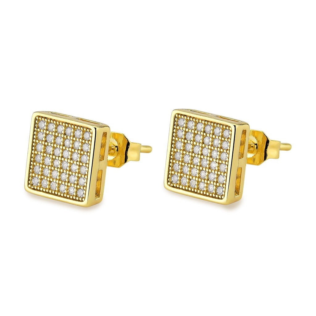 Brinco Feminino Quadrado Cravejado com Zircônia Banhado A Ouro 18k Semi Joia Blogueiras