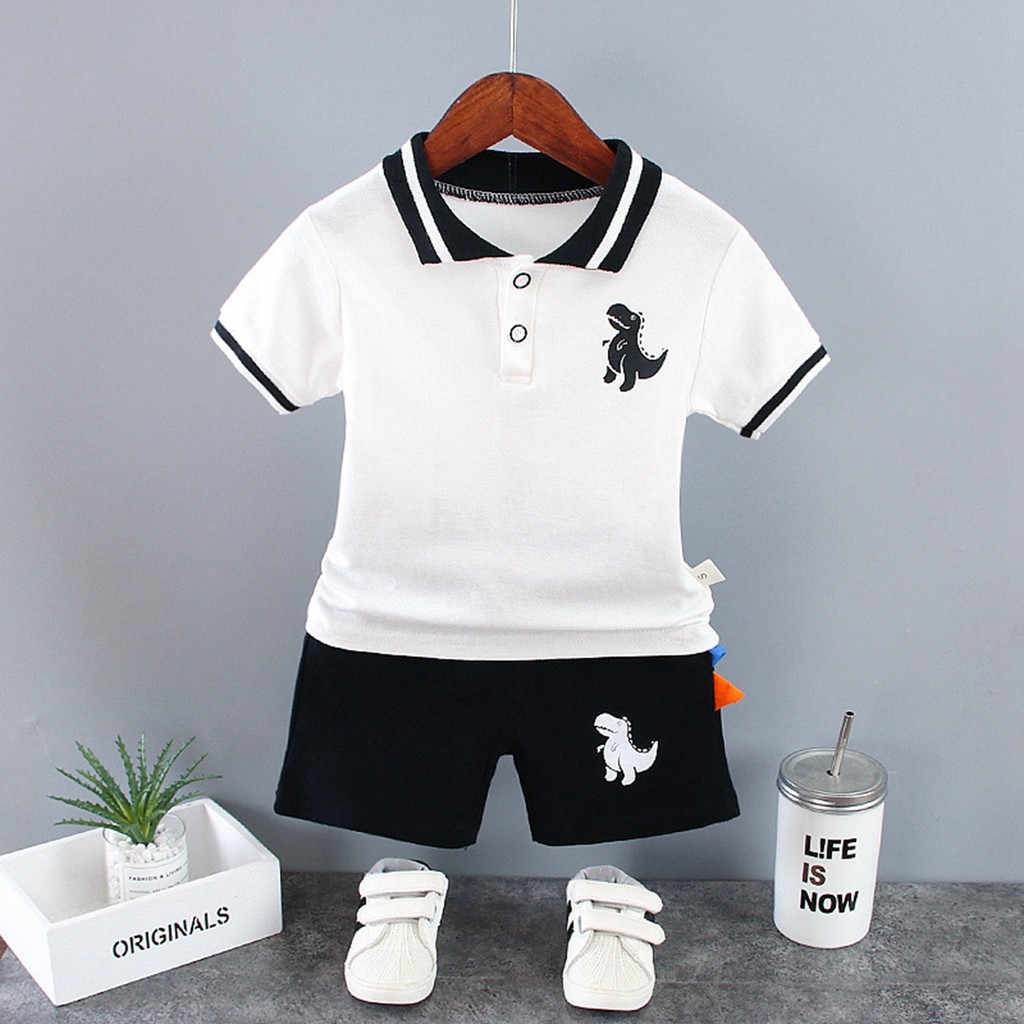 Verão Crianças Roupas Do Bebê Meninos Conjunto De Dinossauro Impresso Turn-down Colarinho Camisetas Topos + Shorts 2 Pçs