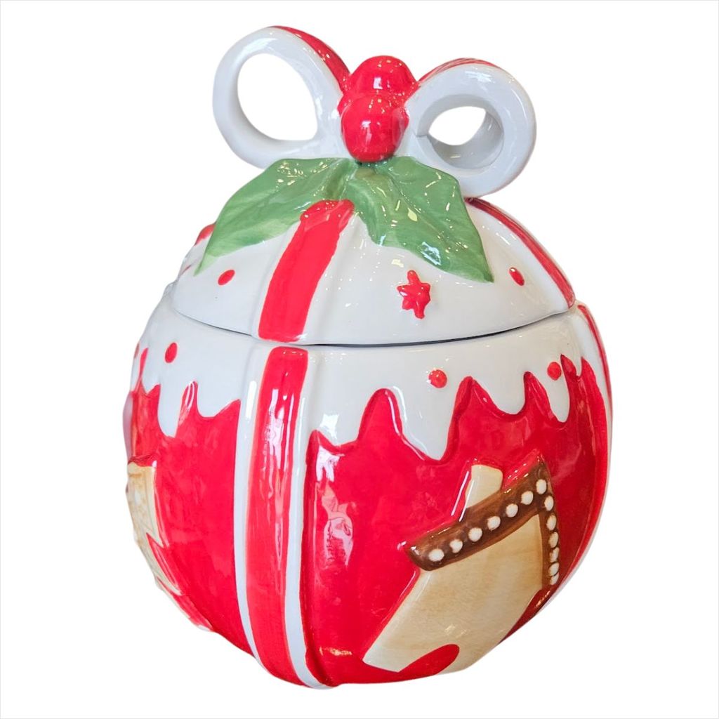 Pote Bomboniere Ginger Bread Com Tampa Laço Natal Louça 15cm