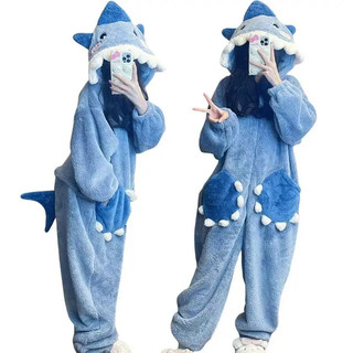 Desenhos Animados Tubarão Azul Feminino Com Capuz Pijamas Kigurumi Unicórnio Inverno Cosplay Pijama Macacão Festa De Nat