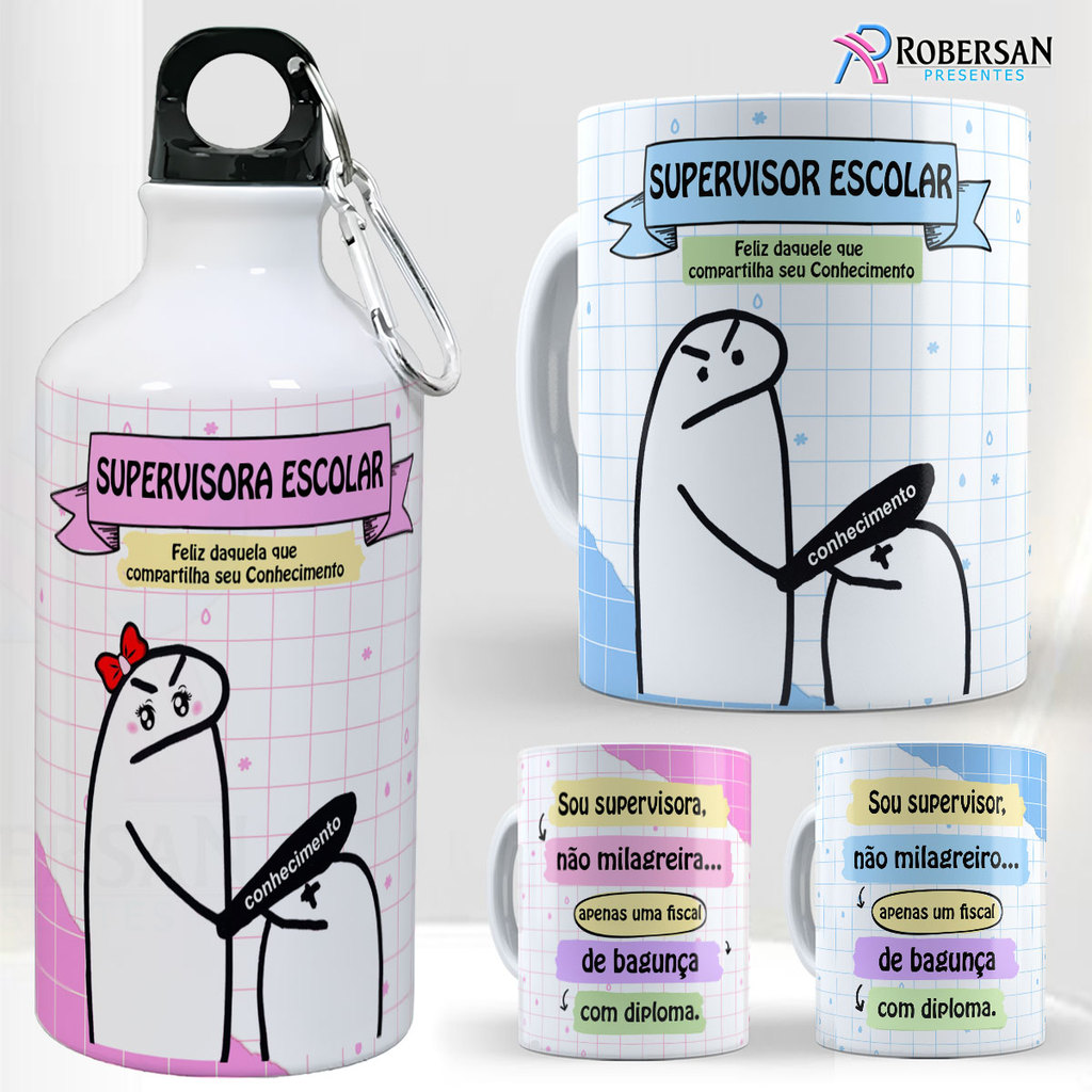 Kit Caneca + Garrafa Supervisora Escolar Supervisor Água BFF Squeeze Porcelana
