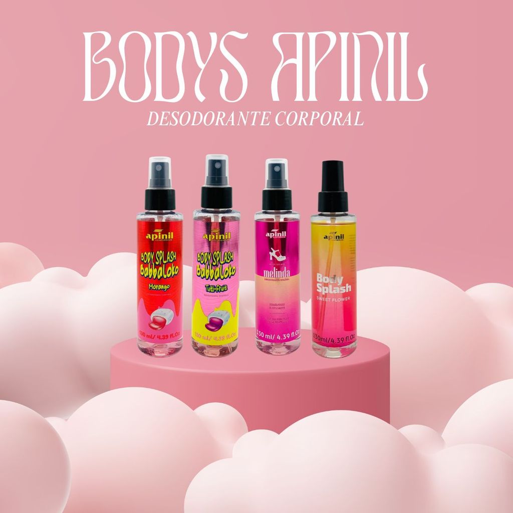 Apinil  Body Splash  Fragrâncias: Sweet Love, Sweet Flower, Morango, Tutti Frutti e Melinda.