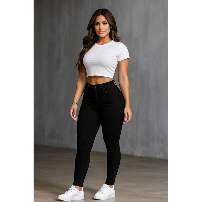 Calça jeans skinny feminina preta cintura alta premium em Oferta na Shopee