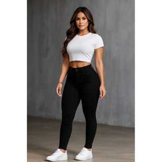 Calça jeans skinny feminina preta cintura alta premium em Oferta na Shopee