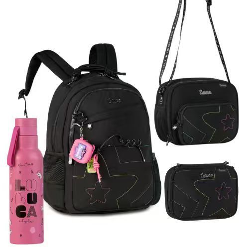 Kit Escolar Luluca Com Mochila + Estojo Box + Lancheira Térmica + Garrafa Térmica Juvenil Clio Style Roxo Rosa Preto
