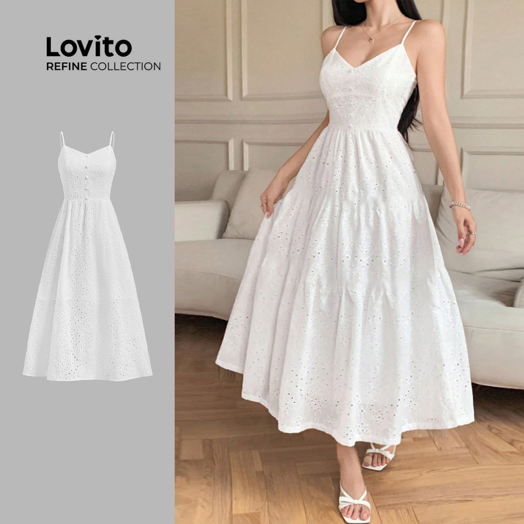 (lovito Refine) Vestido Boho De Algodão Com Zíper Branco Para Mulheres Primavera/verão LR23E075