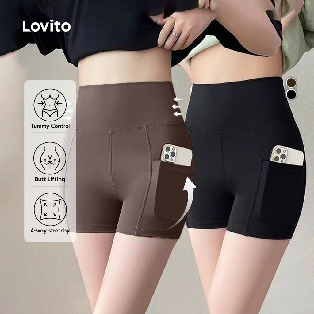 Lovito Short Esportivo Controle Abdominal Levanta Bumbum Cintura Alta Yoga LNA124021 em Oferta na Shopee