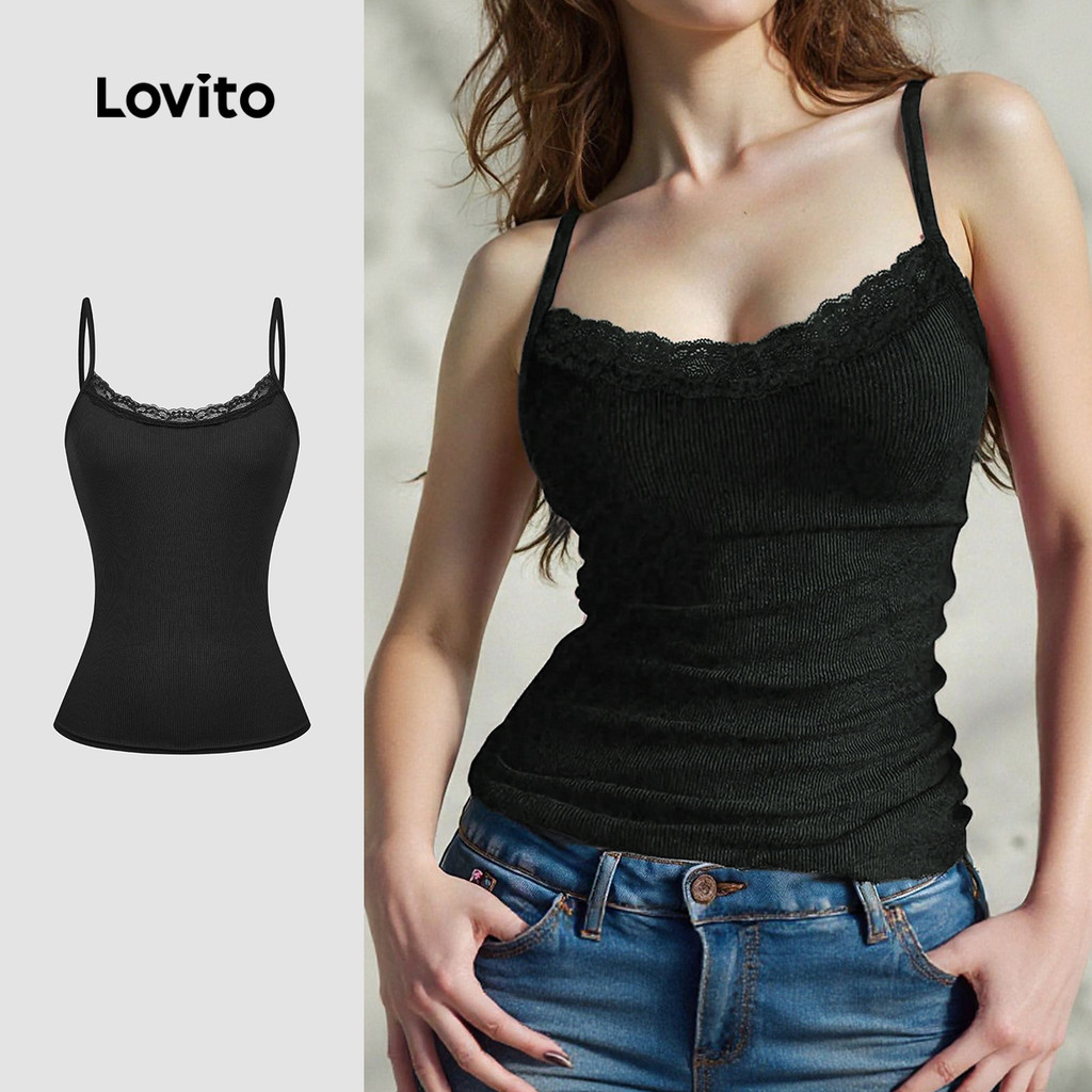 Lovito Blusa Casual de Renda para Primavera/verão Preta para Mulheres L157LD150