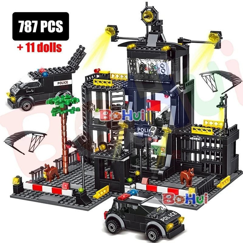 SWAT Delegacia De Polícia Militar Cidade Modelo Conjunto Carro Prisão Policial Barco Figuras Blocos De Construção DIY Brinquedo para