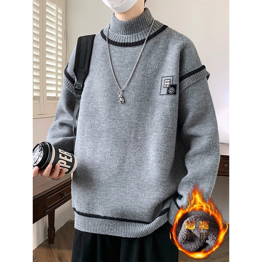Meia gola alta camisola masculina inverno forro de lã engrossado quente camisola de fundo masculino americano preguiçoso