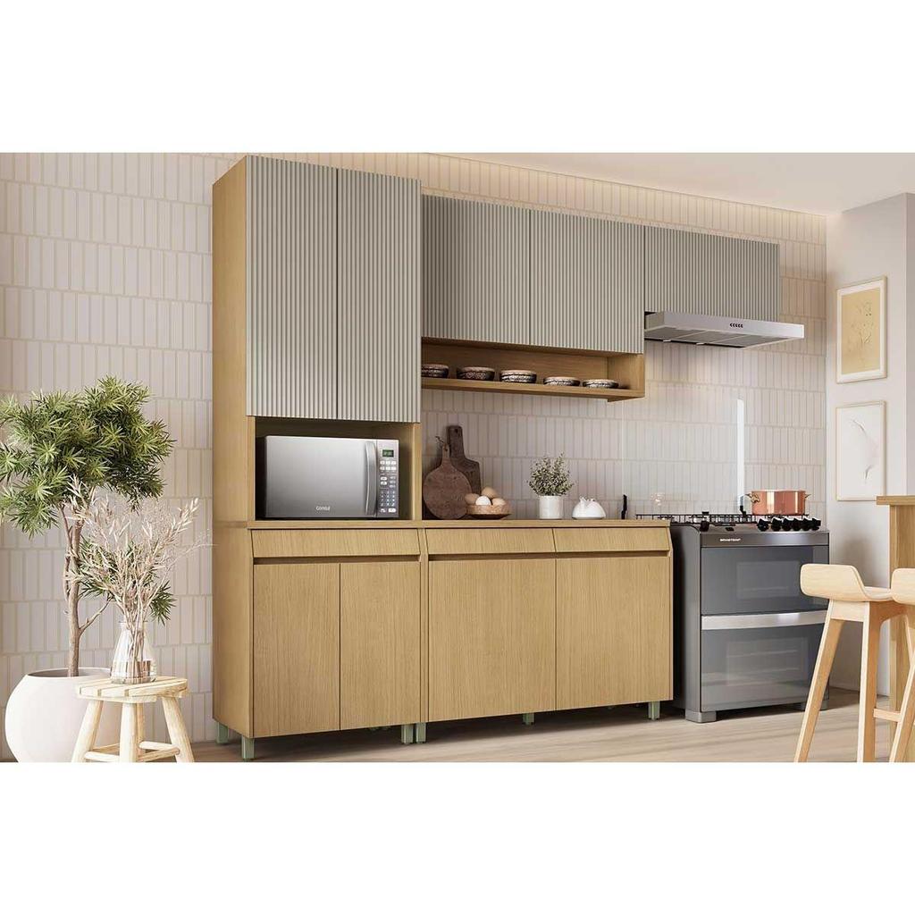 Cozinha Completa Simone Mendes 4 Peças (2Aéreos+1Balcão+1Paneleiro) C4P161 Carvalho/Cinza - Nesher em Oferta na Shopee