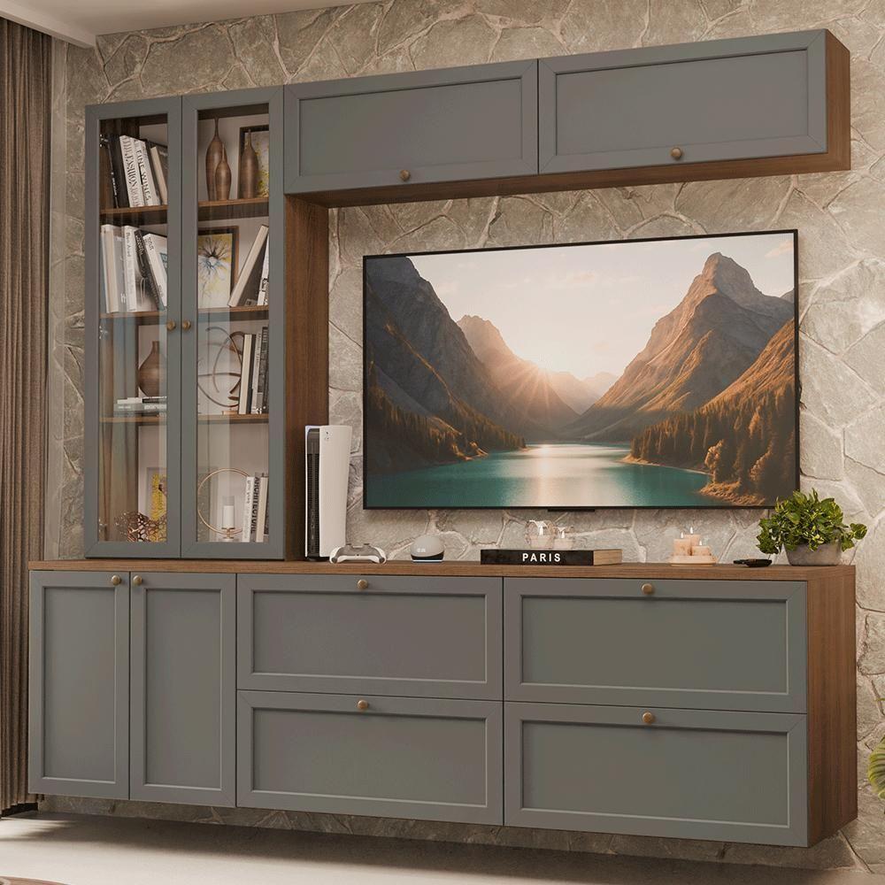 Estante Sala De Estar Com Rack + Cristaleira 230cm Vik Madesa 01 Rustic-cinza