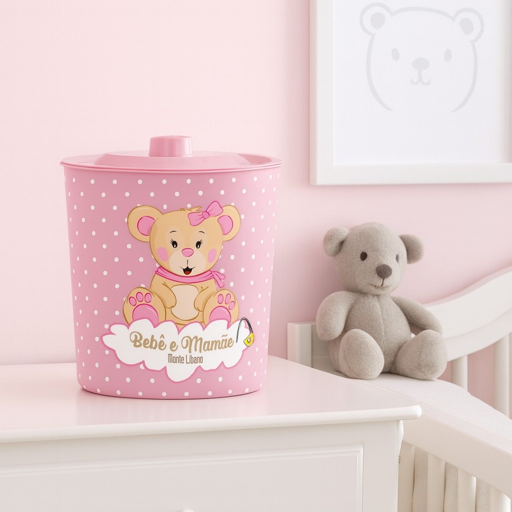 Lixeira Bebê Monte Líbano Redonda Com Tampa Ursinho 3L Rosa em Oferta na Shopee