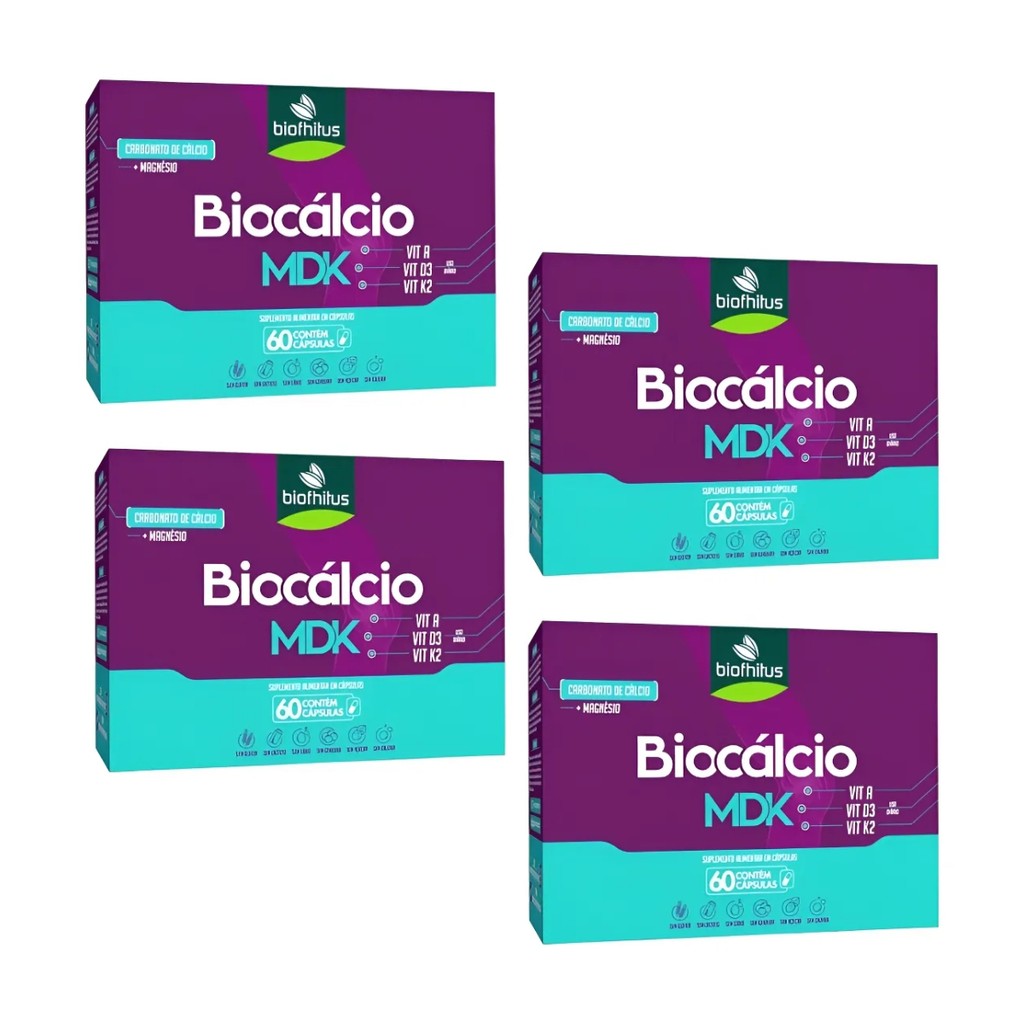 Kit 4 Biocálcio MDK Cálcio + Magnésio 60 Cps - Biofhitus
