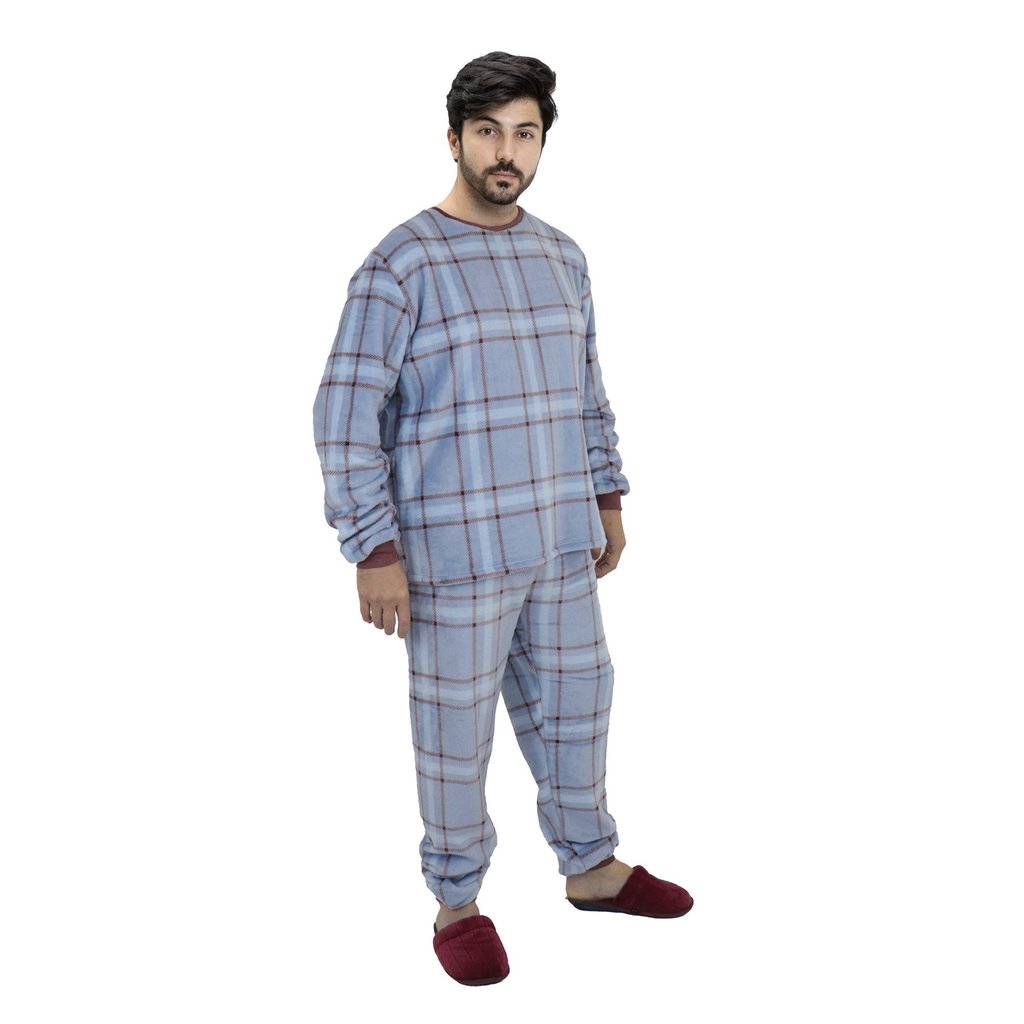 Pijama Adulto em Fleece Masculino - Xadrez Azul Básico