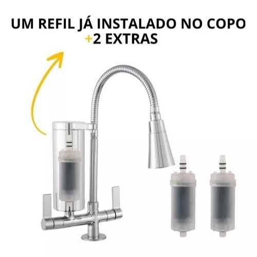 Torneira Filtro Gourmet Slim Para Pia De Cozinha Cromada Bancada Metal Abs + 2 Refil