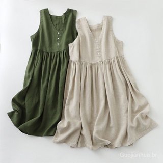 2024 algodão linho japonês simples cor sólida colete verão solto tamanho grande capa barriga mais magro olhar vestido se em Oferta na Shopee