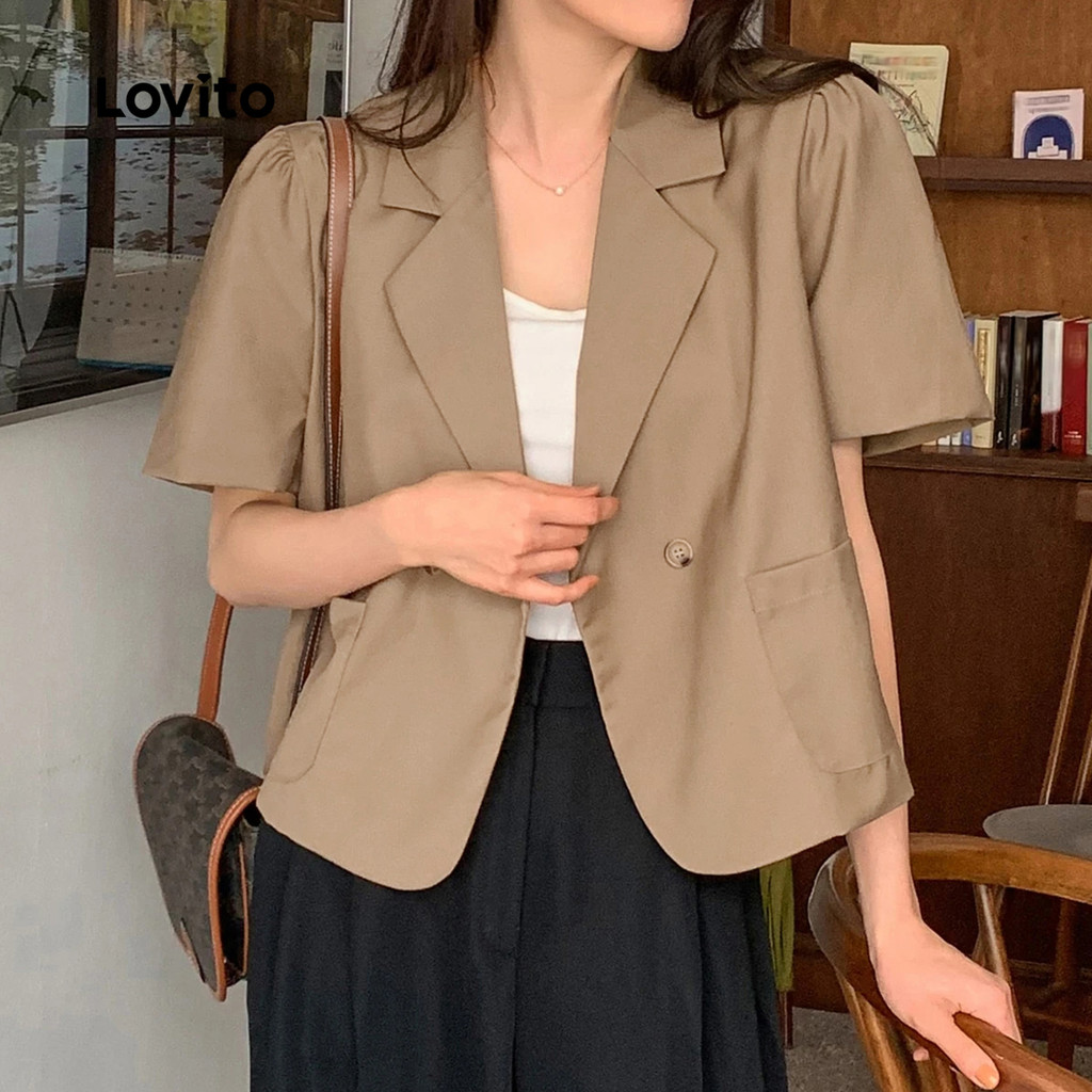 Detalhes do Lovito Blazer Casual com Botão e Bolso Falso Textura Suave para Primavera Verão Caqui LBL26350