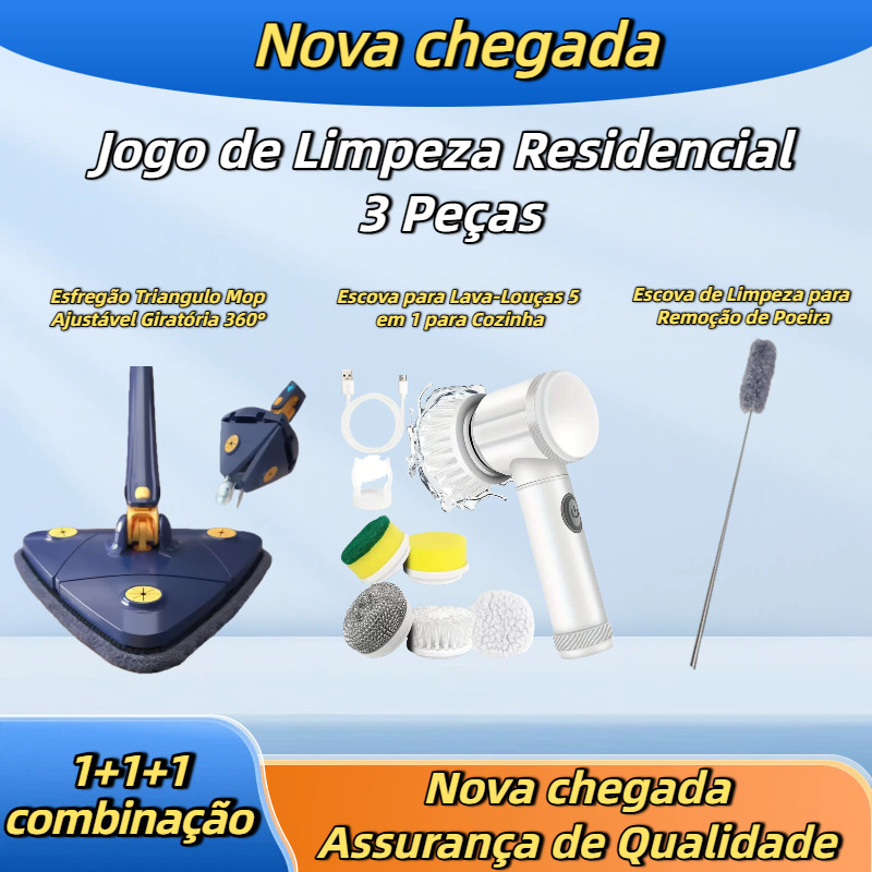 Kit Limpeza 3 em 1: Duster Telescópico 280cm, Mop Triangular 360° Rotativo e Escova Elétrica Sem Fio 5 em 1