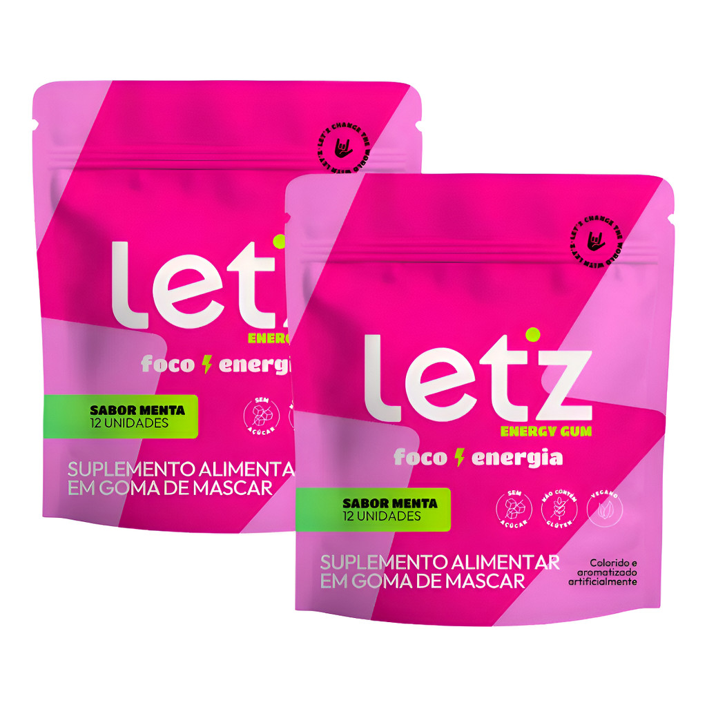 Chiclete Energético Letz Gum Cafeína Taurina Pré Treino 2 Un - Menta