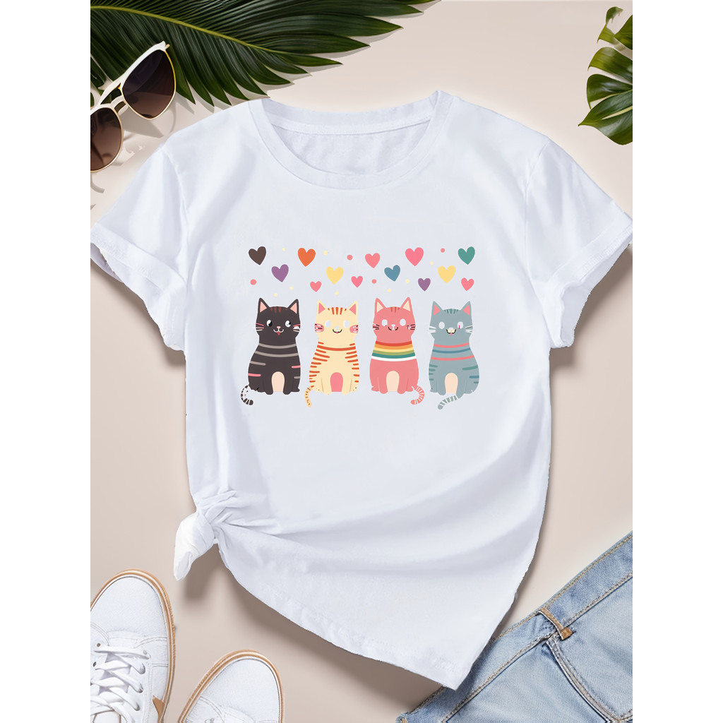 Camiseta Feminina Gatos Listrados Coloridos Esportiva Confortável Fofa Estilosa Moda Casual