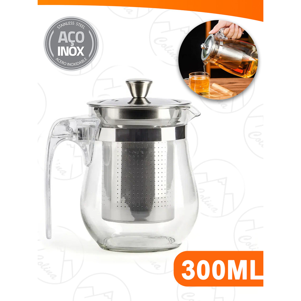 Chaleira De Vidro Bule Com Infusor E Tampa Para Chá 300ml