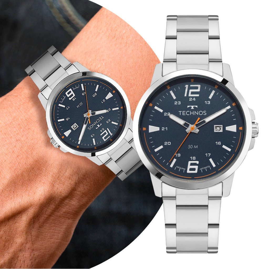 Relógio Masculino Prata e Azul Analógico de Pulso com Caixa e Pulseira de Aço Inoxidável Luxo Elegante Technos Original
