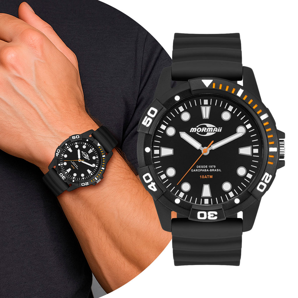 Relógio Masculino Preto Analógico de Pulso com Pulseira de Silicone à Prova D Água Casual Mormaii Original