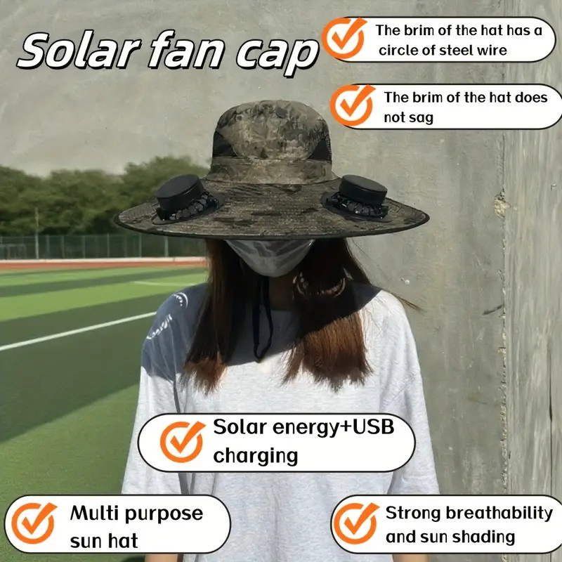 Chapéu de Sol com Ventilador Solar Ajustável Aba Larga Proteção UV Praia Piscina