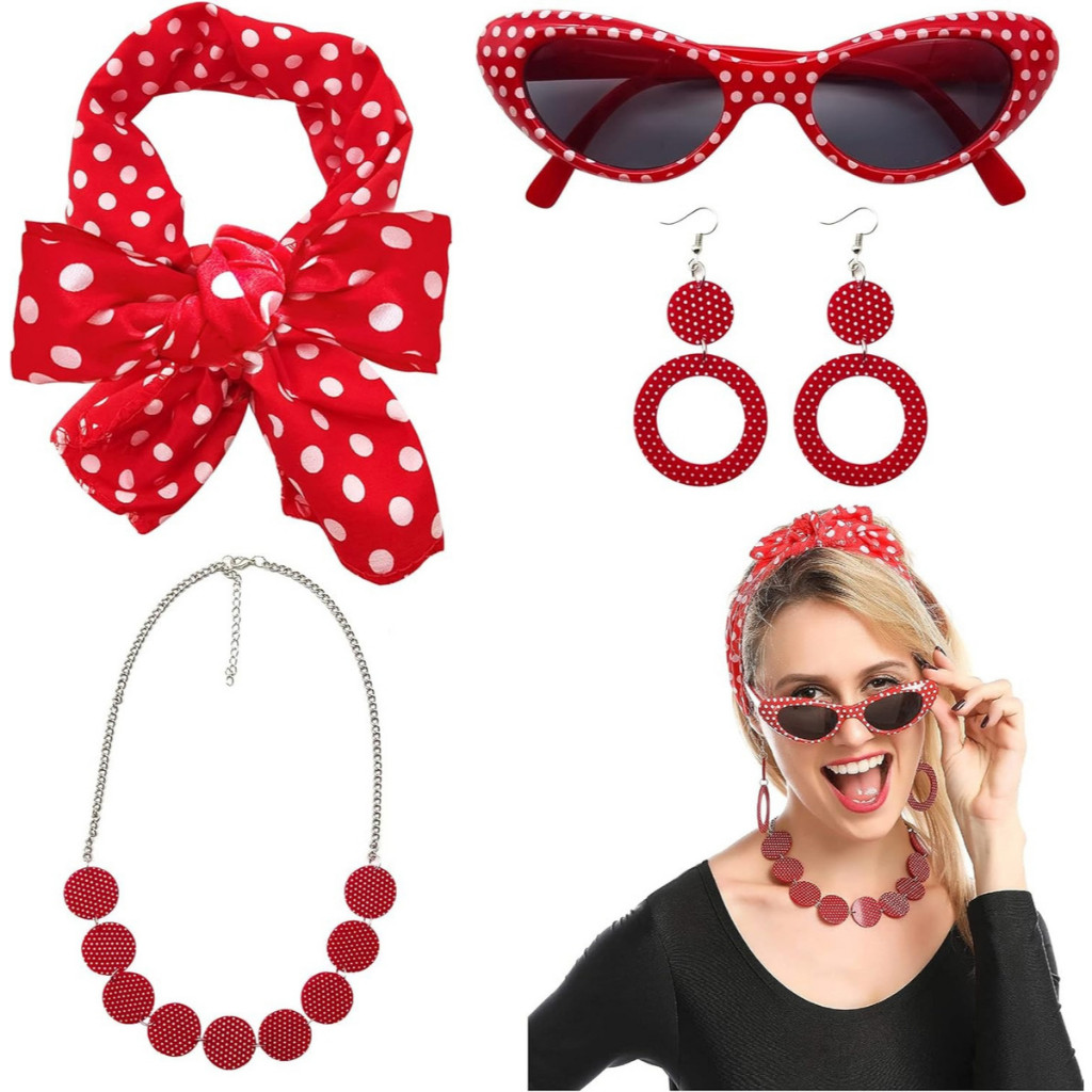 Kit Anos 50 60 Fantasia Cosplay Oculos Colar Brinco Faixa Vermelho e Branco Festa Acessório