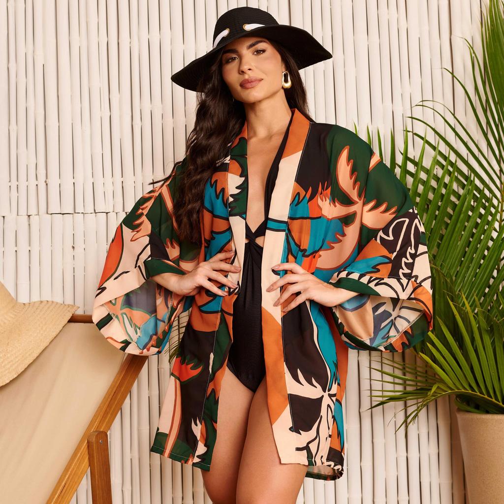 Saída de Praia Kimono Estampa Coqueiro Vibrante em Oferta na Shopee