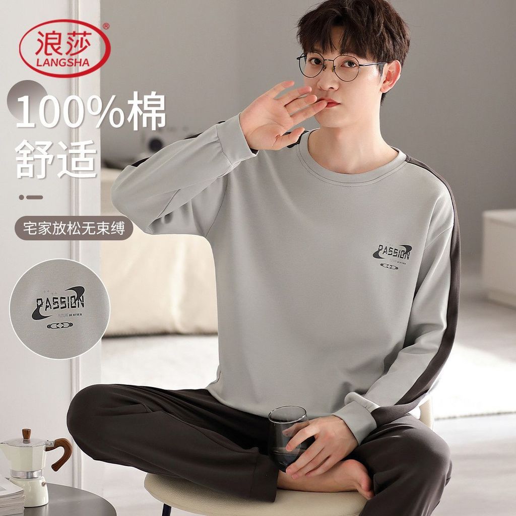 Imagem Langsha 100% algodão pijamas masculinos Loungewear primavera outono confortável macio manga comprida em torno do pescoço
