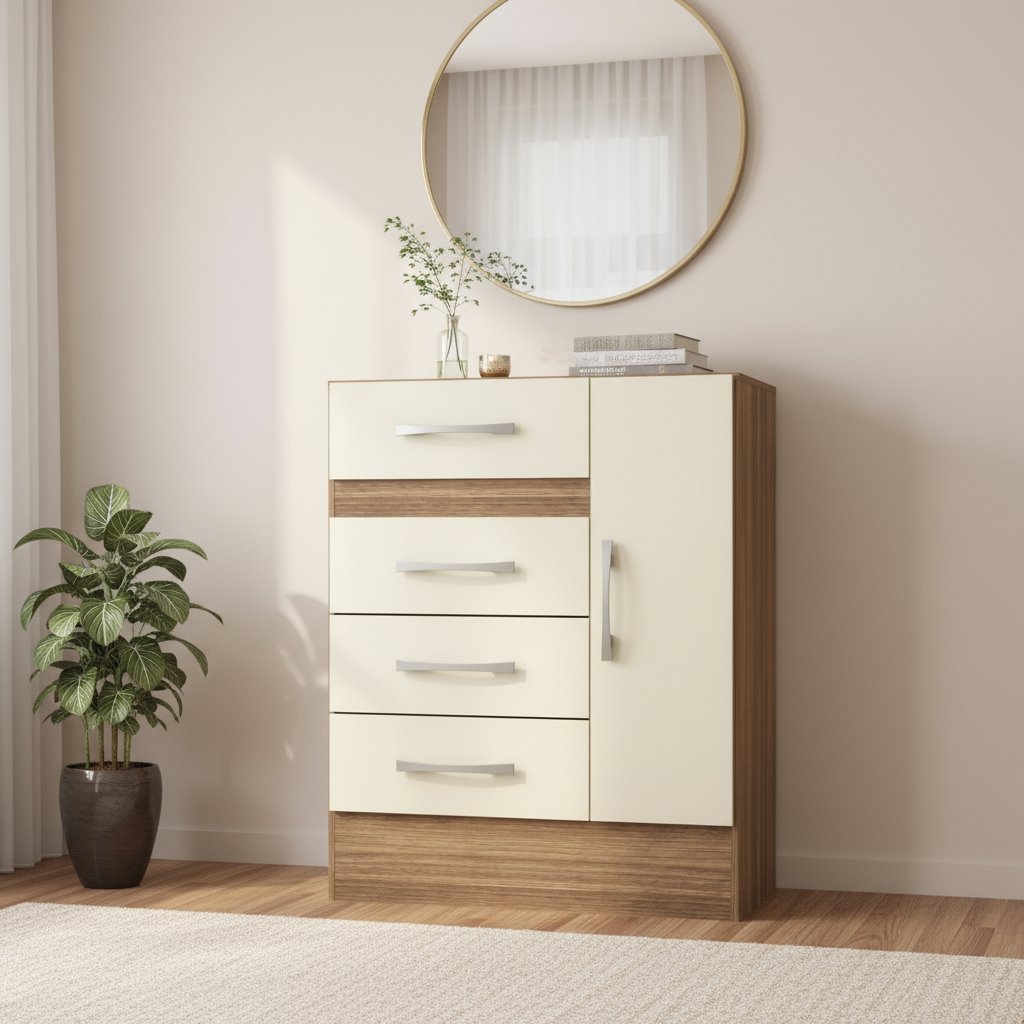 Cômoda Sapateira Grande 4 Gavetas 1 Porta Off White/Castanho em Oferta na Shopee