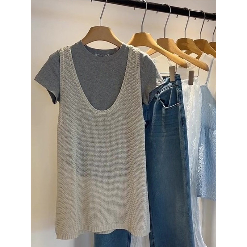 Real de duas peças cinza colete de manga curta terno de duas peças em camadas bens europeus Design na moda confortável t