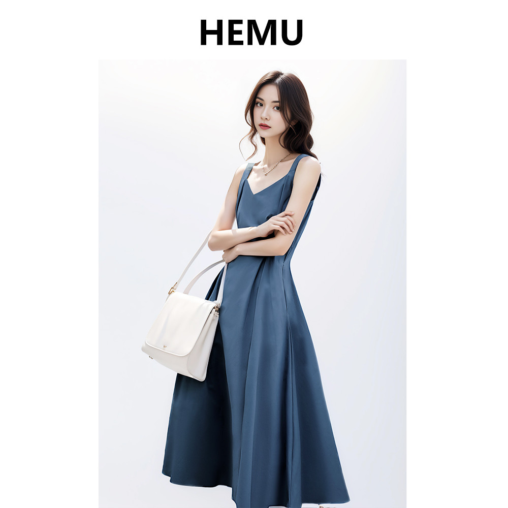 Azul estilingue vestido feminino primavera verão francês primeiro amor cintura estreita mais magro olhar High-End requin