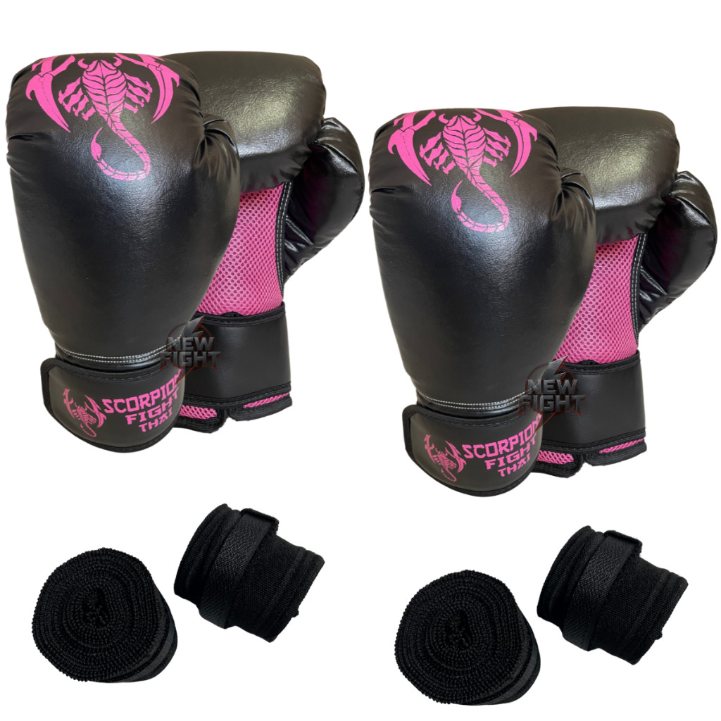 Dois Pares de Luvas Muay Thai Boxe  Kickboxing Treino Sparring Thai e Dois Pares de Bandagens 3 metros