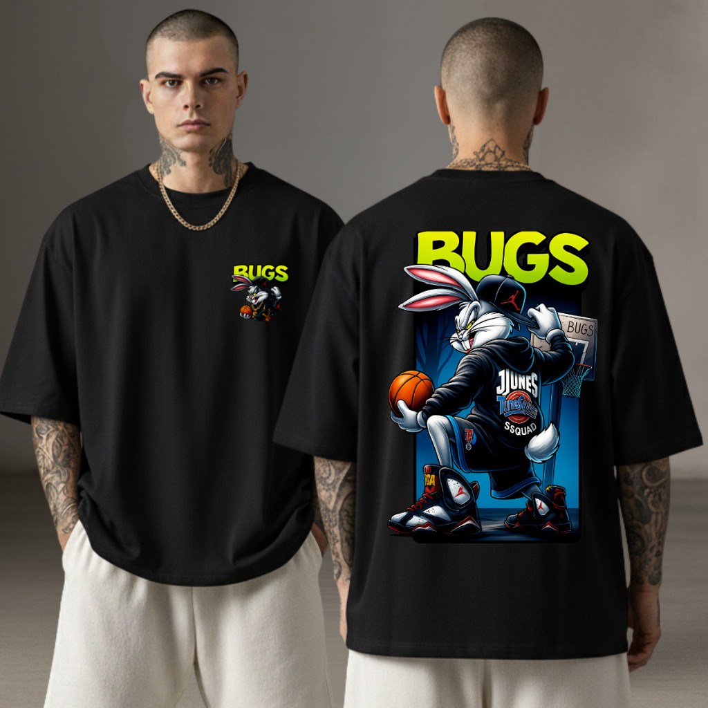 [Camiseta Premium em Algodão Puro]GXG Camiseta Long Line Streetwear Camisa Oversized Masculina Pernalonga Bugs Rick Noia