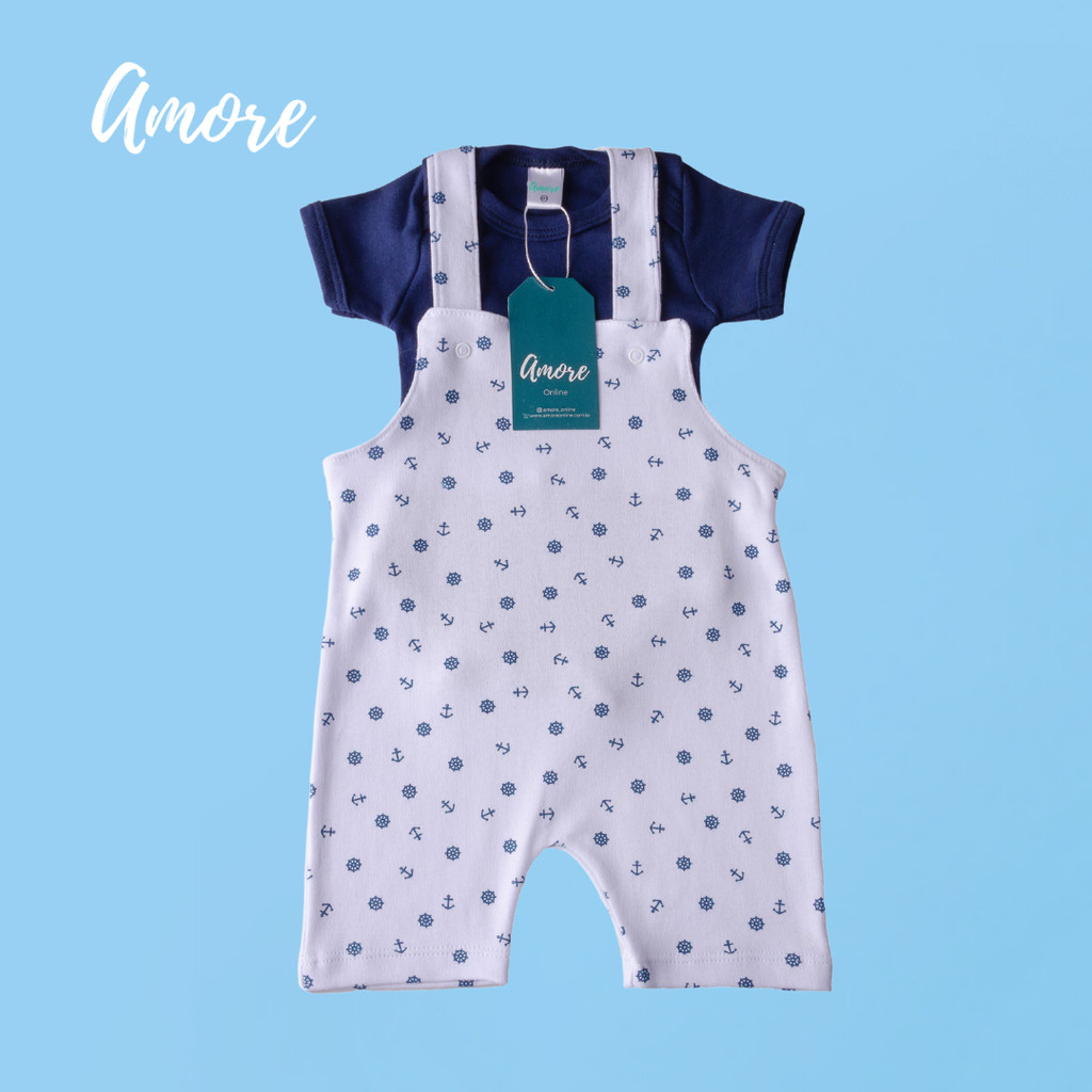 Jardineira Curta para Bebê Marinheiro e Body Azul Marinho - Suedine 100% Algodão em Oferta na Shopee