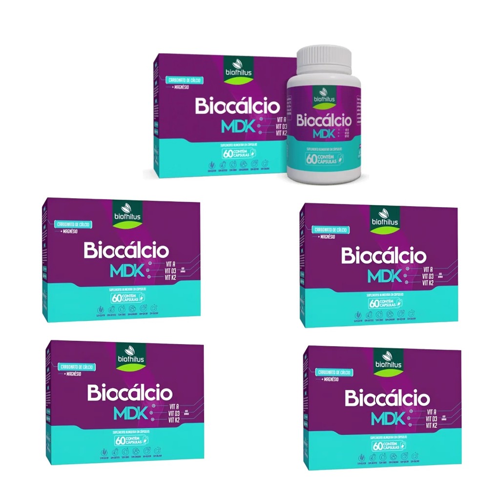 Kit 5 Biocálcio MDK Cálcio + Magnésio 60 Cps - Biofhitus