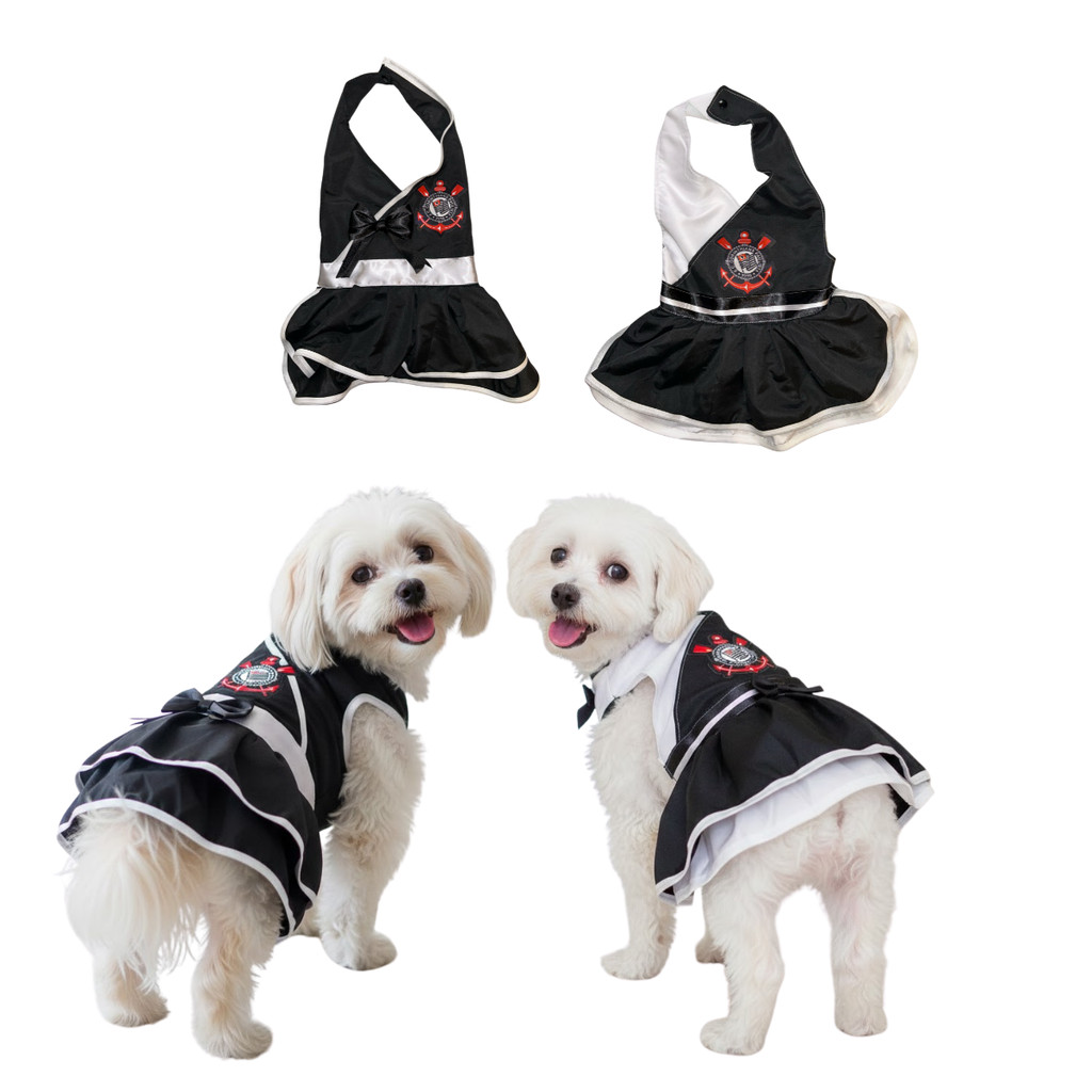 Vestido Pet Corinthians Feminino Roupa Cachorro Gato Fêmea Fantasia Time Pequeno Médio Grande