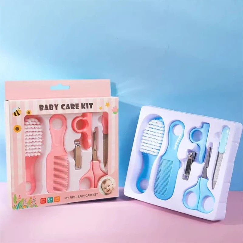 Kit 06 Peças Higiene Pente Cuidados Bebê Cortador Alicate Lixa Limpeza Escova Tesoura Toalha
