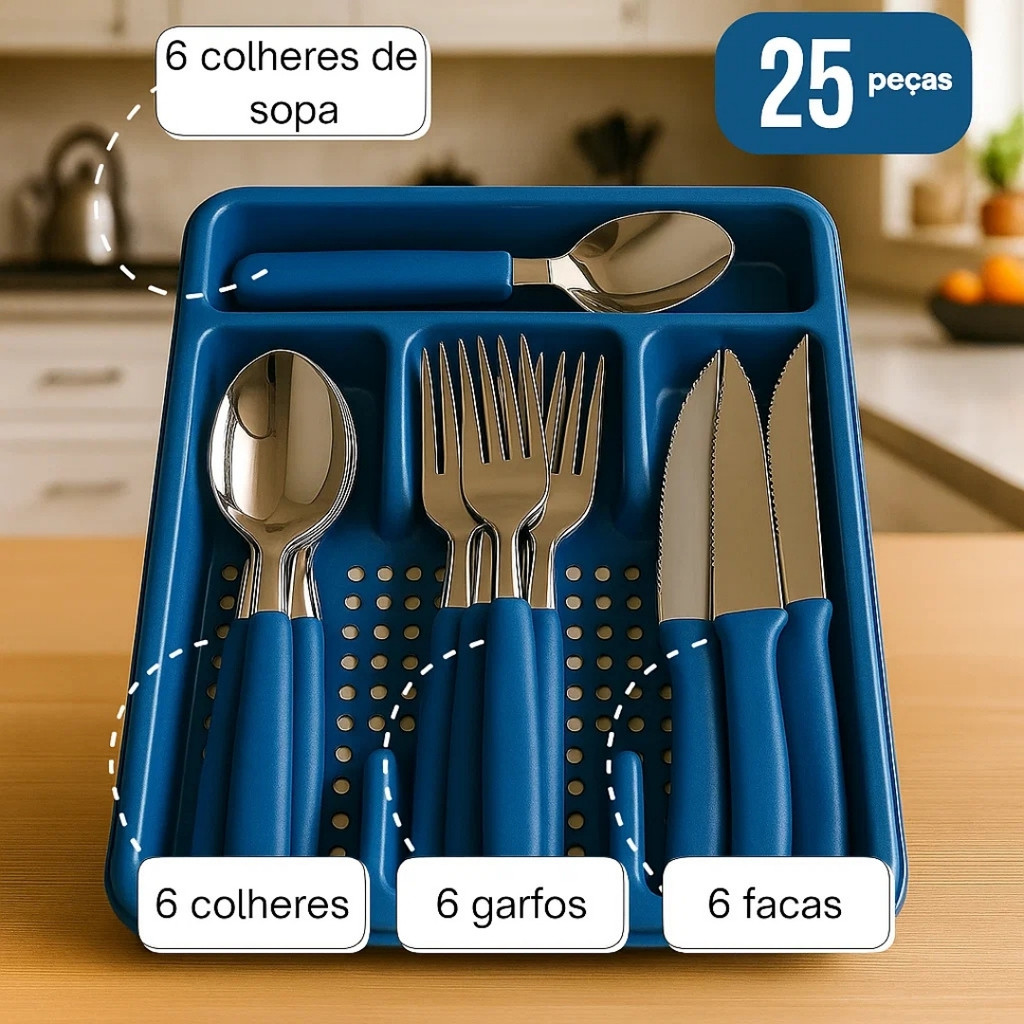Jogo de 24 Talheres Com Brinde Suporte Gaveteiro ou Pote Premium Garfo Colher Sortido