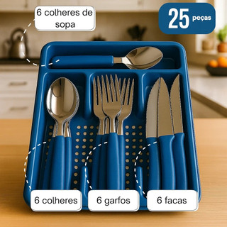 Jogo de 24 Talheres Com Brinde Suporte Gaveteiro ou Pote Premium Garfo Colher Sortido