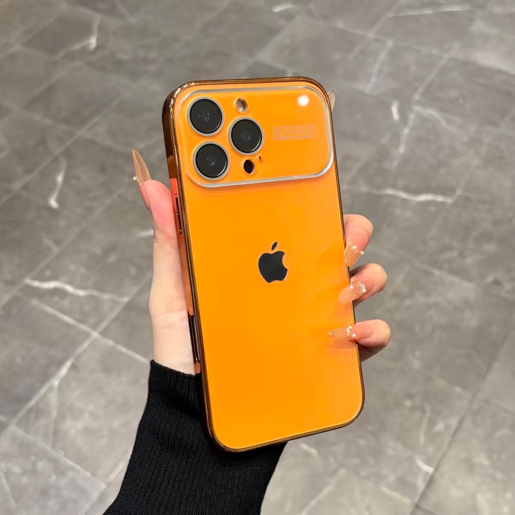 Capa Laranja Original de Alta Qualidade - Para iPhone 11 12 13 14 15 16 17 Pro Max - Com Aro Macio Metalizado