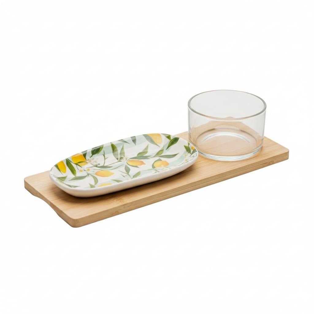 Conjunto Para Servir Café Da Manhã 3 Peças Bambu Petisqueira Siciliano Bandeja Copinho Pote