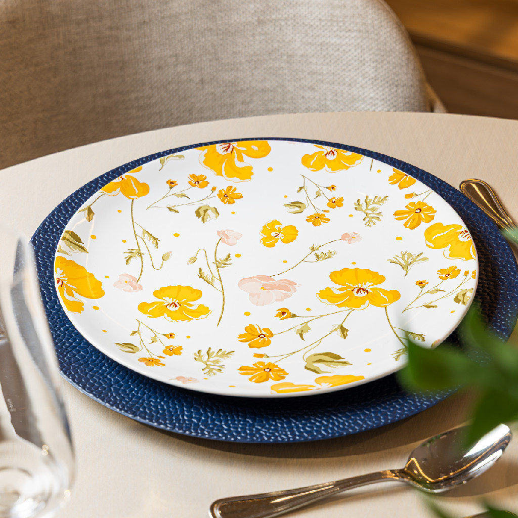 Prato Raso Wolff Doce Encanto 27cm Cerâmica Flowers Amarelo Mesa Posta Almoço Jantar Requintada Luxo Florzinha Colorida