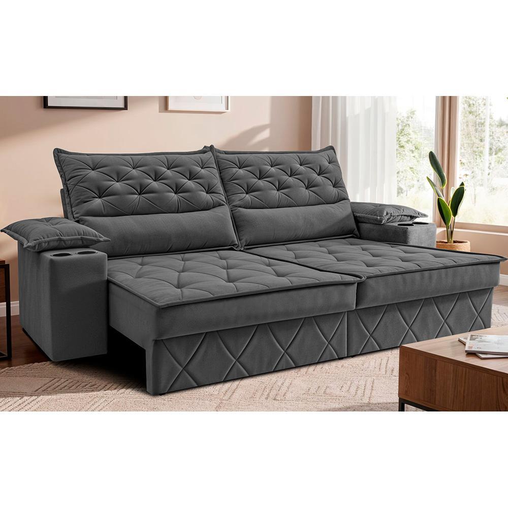 Sofá Retrátil e Reclinável 2,40m com Porta Copos e Molas Cosmos Velusoft Cinza Cama inBox