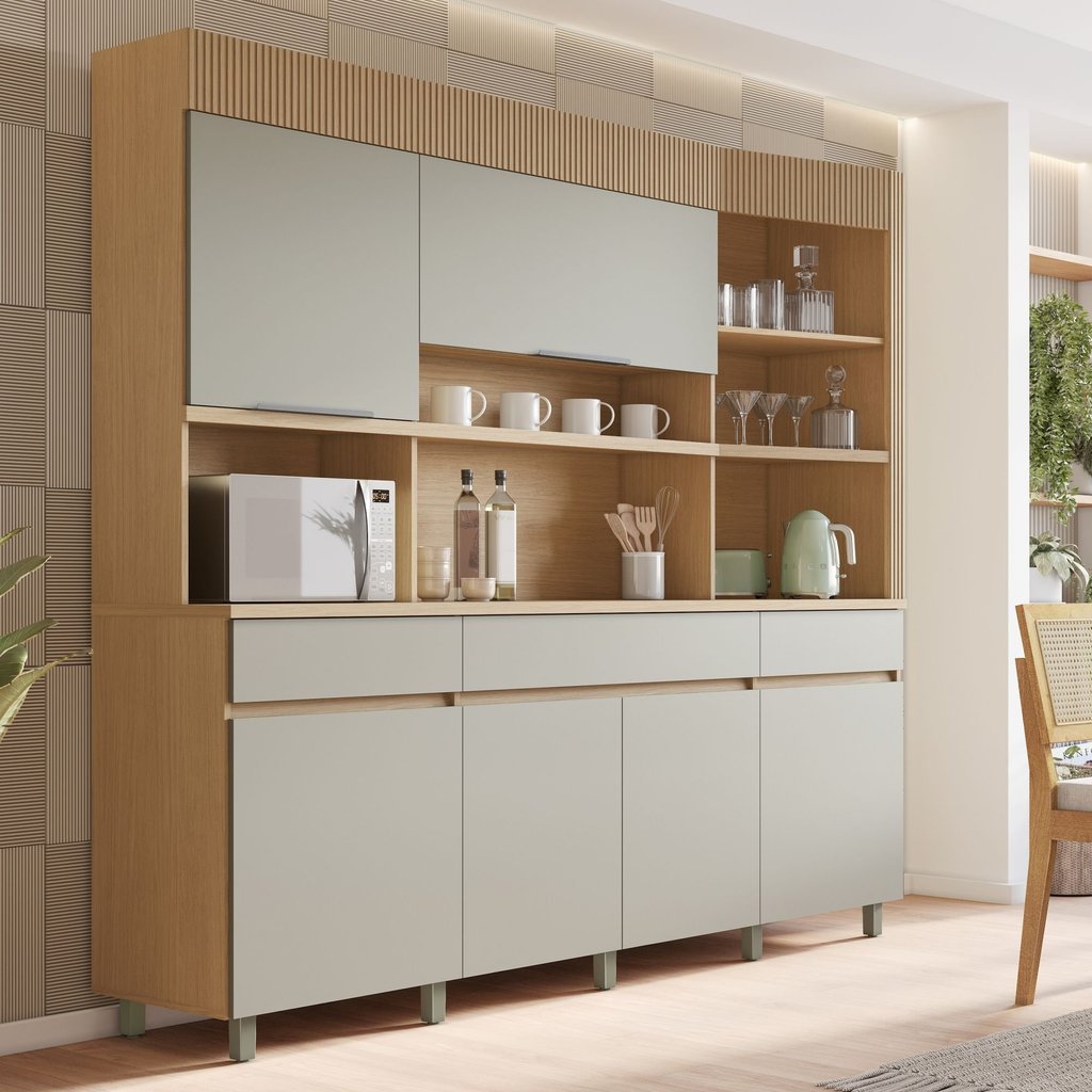 Armário de Cozinha 6 Portas 3 Gavetas Realeza 220cm 100% Mdf Carvalho/Greige em Oferta na Shopee