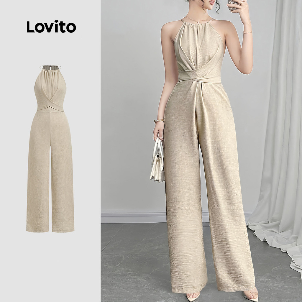 Lovito Macacão Elegante com Laço Nas Costas e Zíper Primavera/verão Caqui para Mulheres LBL27380 em Oferta na Shopee